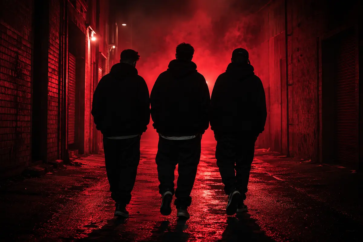 Bad Mafia campaign silhouettes in a red-lit alley