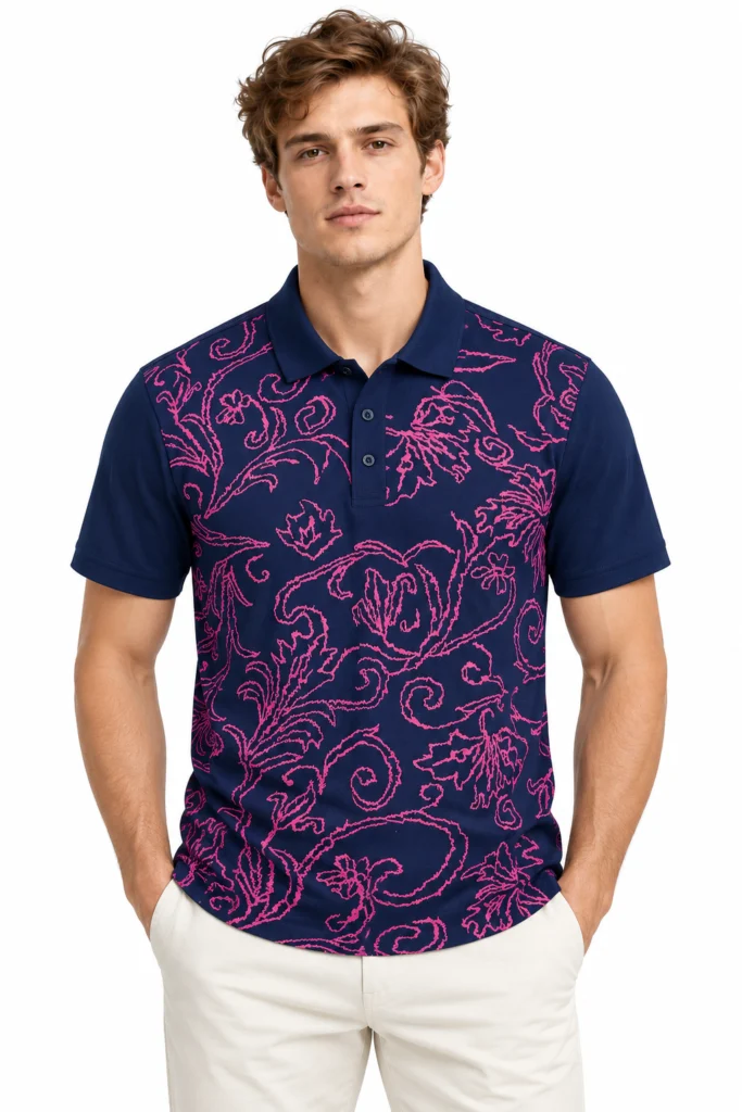 Navy Polo with Pink Ornamental Print