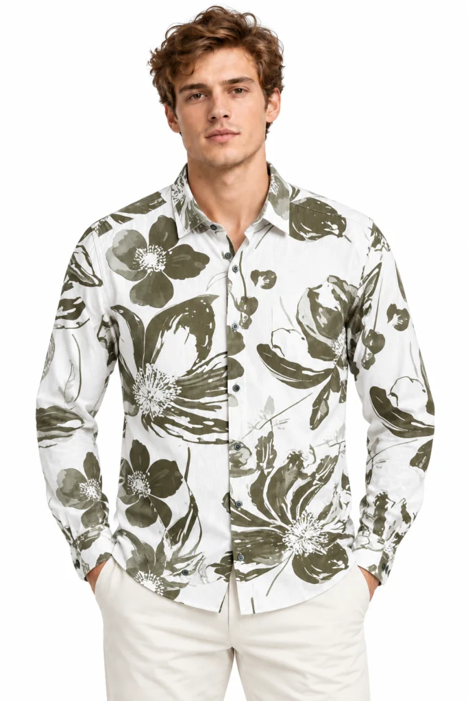 Olive Botanical Print Button-Front Shirt