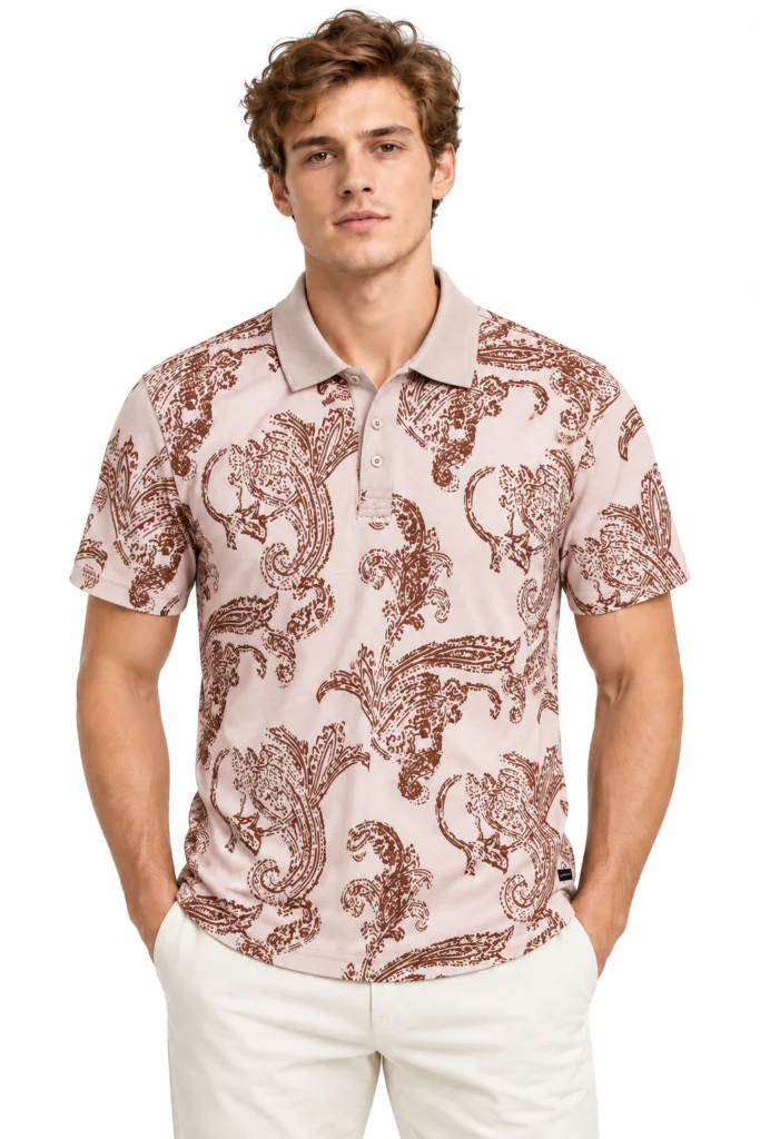 Blush Polo with Brown Ornamental Print