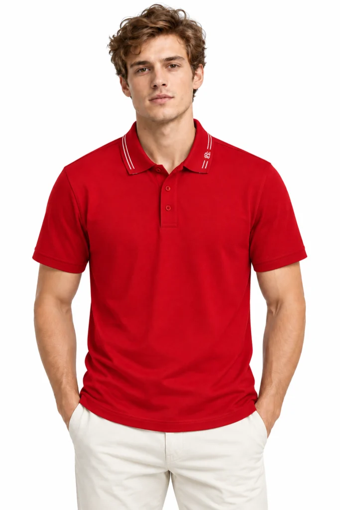 Red Polo with Striped Collar Detail