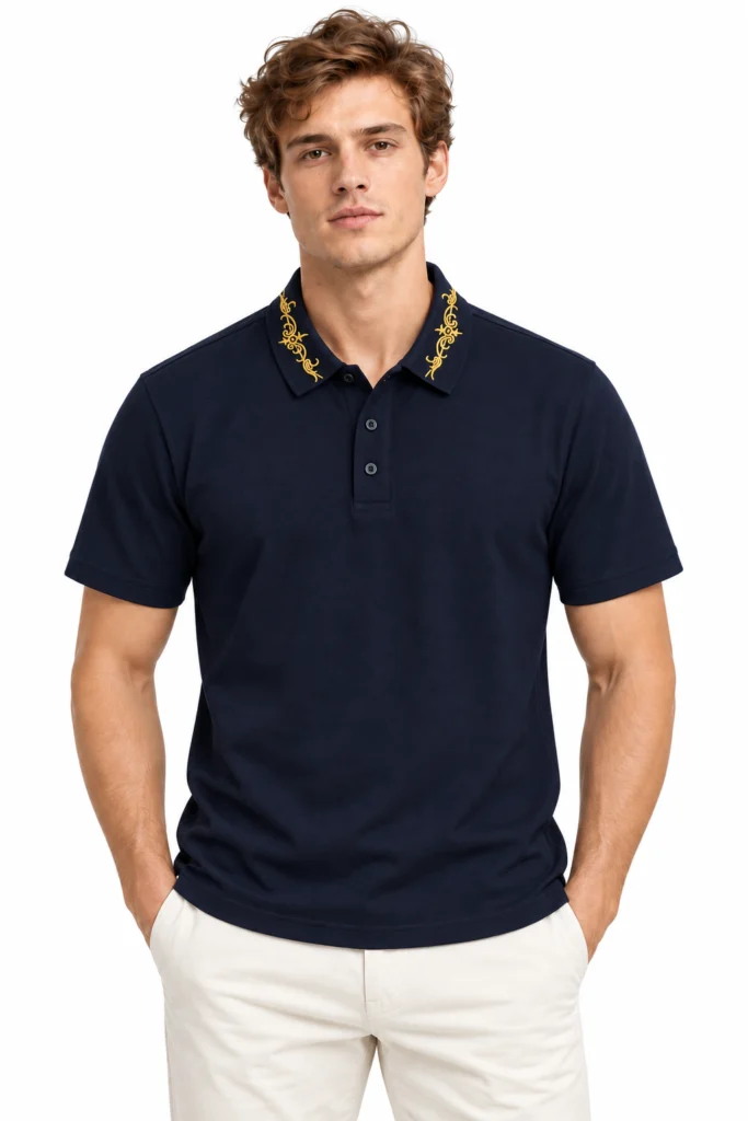 Navy Polo with Ornamental Collar Stitching