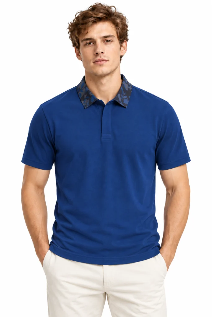 Blue Polo with Contrast Printed Collar