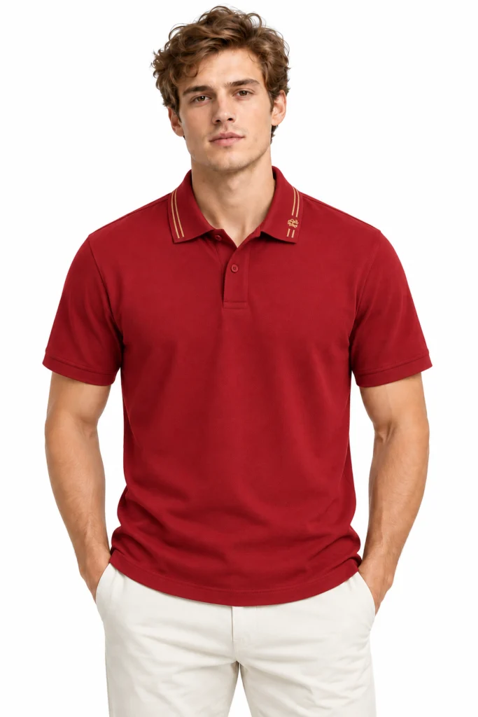 Brick-Red Polo with Gold Collar Accents