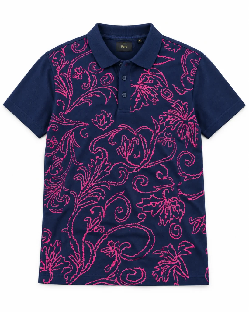 Navy Polo with Pink Ornamental Print