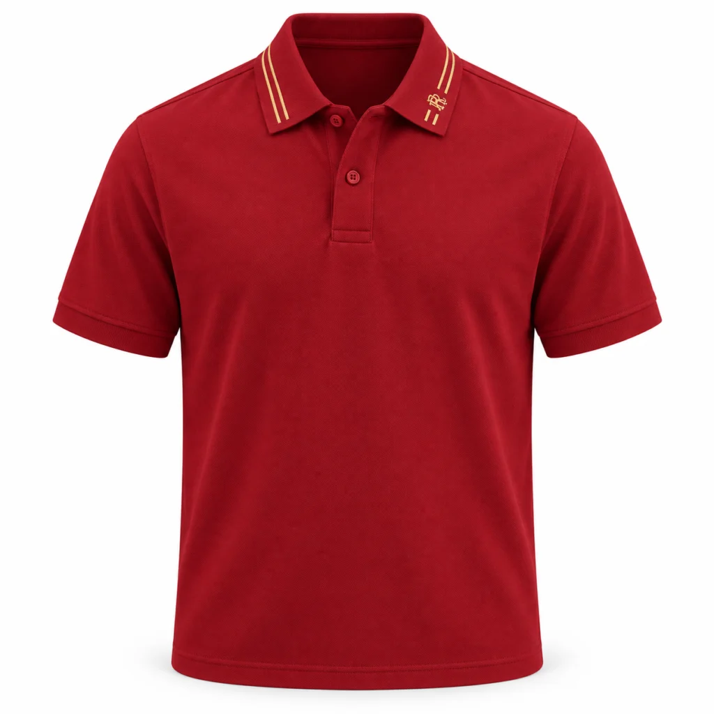 Brick-Red Polo with Gold Collar Accents