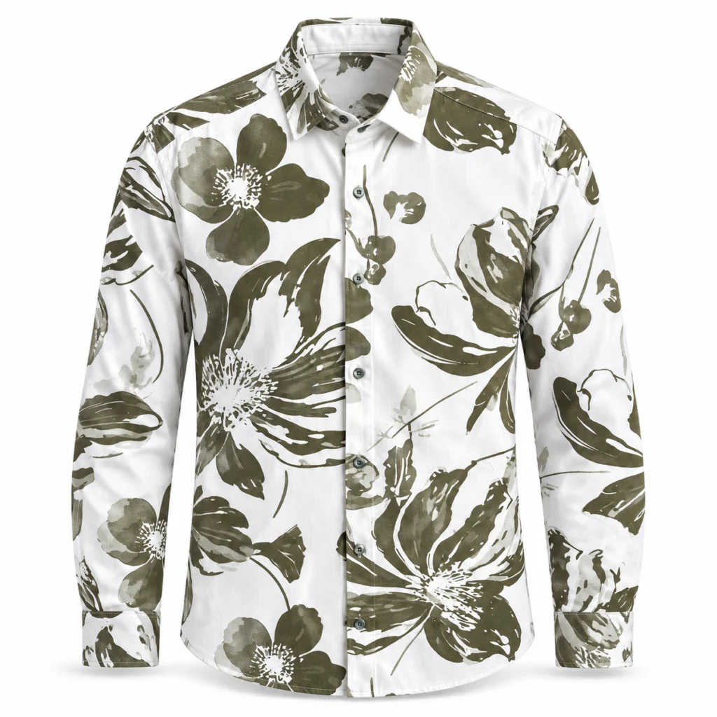 Olive Botanical Print Button-Front Shirt