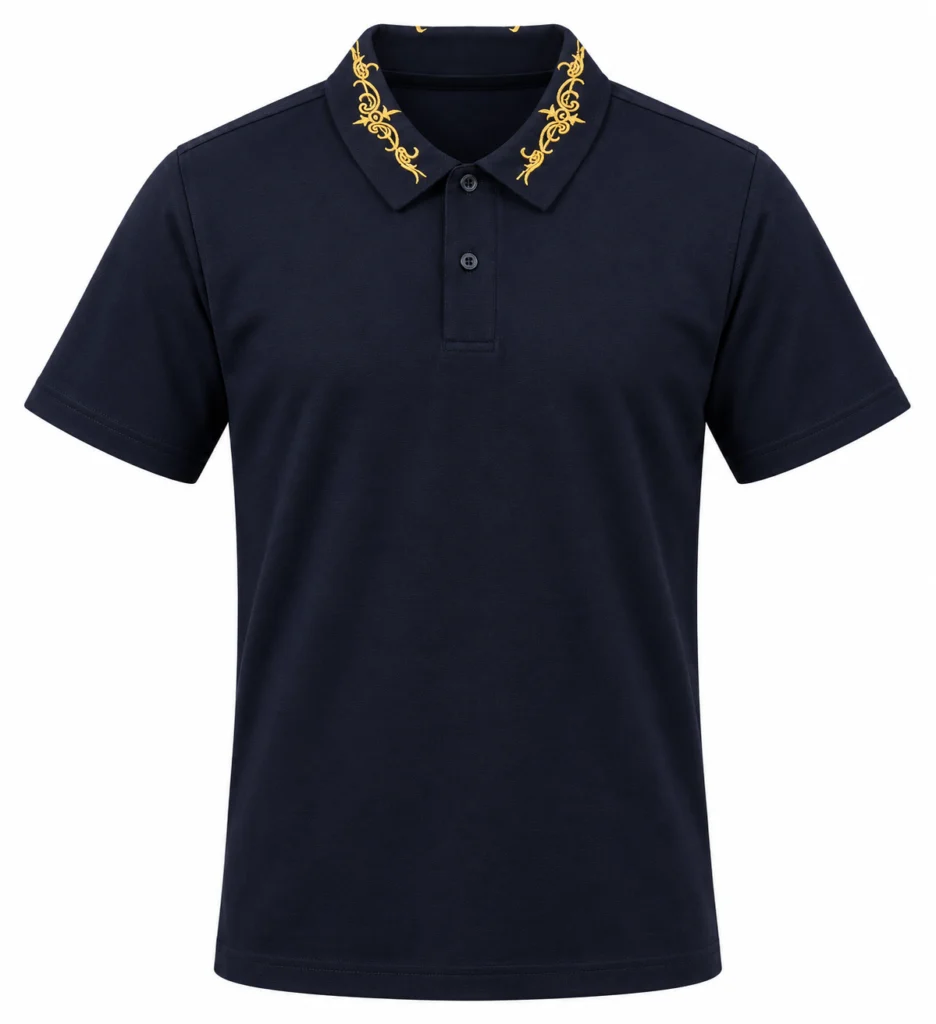 Navy Polo with Ornamental Collar Stitching